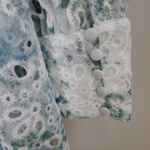 Bardot | Lila Flounce Eyelet Long Sleeve Mini Dress in Water Floral - Sz L/US 8 - Picture 10 of 13